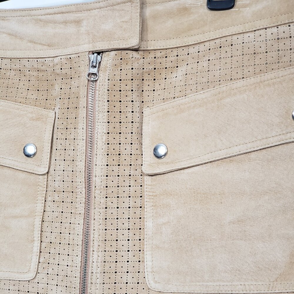 Margaret Godfrey Tan Leather Mini Skirt Zip Front Cut-out design Size 10 - Picture 3 of 5